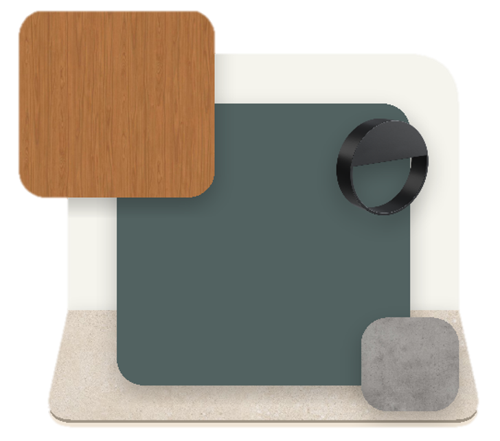 Moodboard kast op maat met groen hout marmerlook en zwarte ronde handgrepen