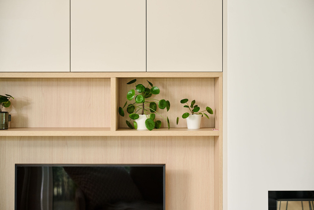 Open nis in op maat gemaakt tv-meubel met twee decoratieve groene plantjes in witte potten
