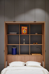 Opklapbed op maat met een functionele boekenkast en stijlvolle opbergruimte, ideaal voor een moderne slaapkamer.