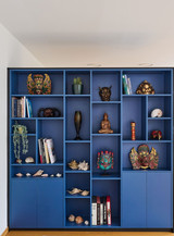 Blauwe room divider van bureau en slaapkamer op maat met open kast