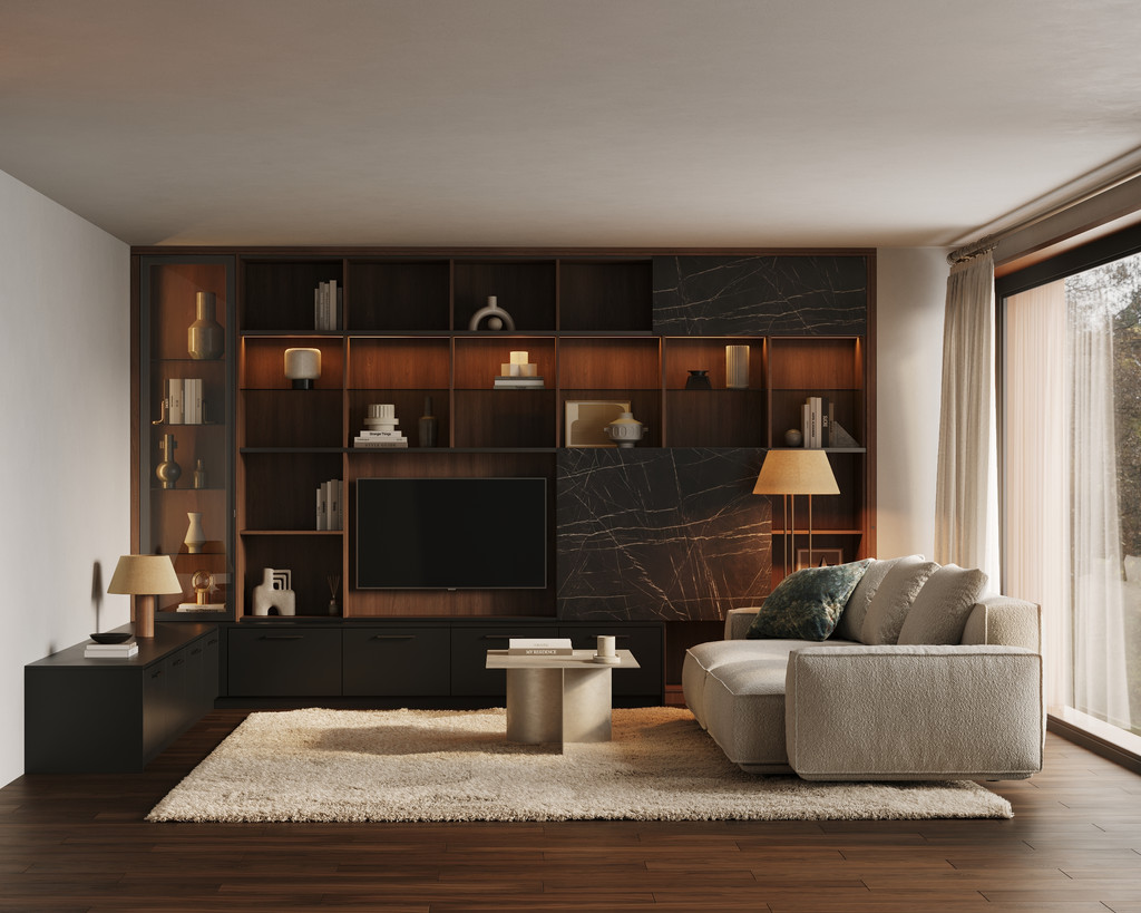 Zwart tv-meubel met donkere houttinten in de leefruimte