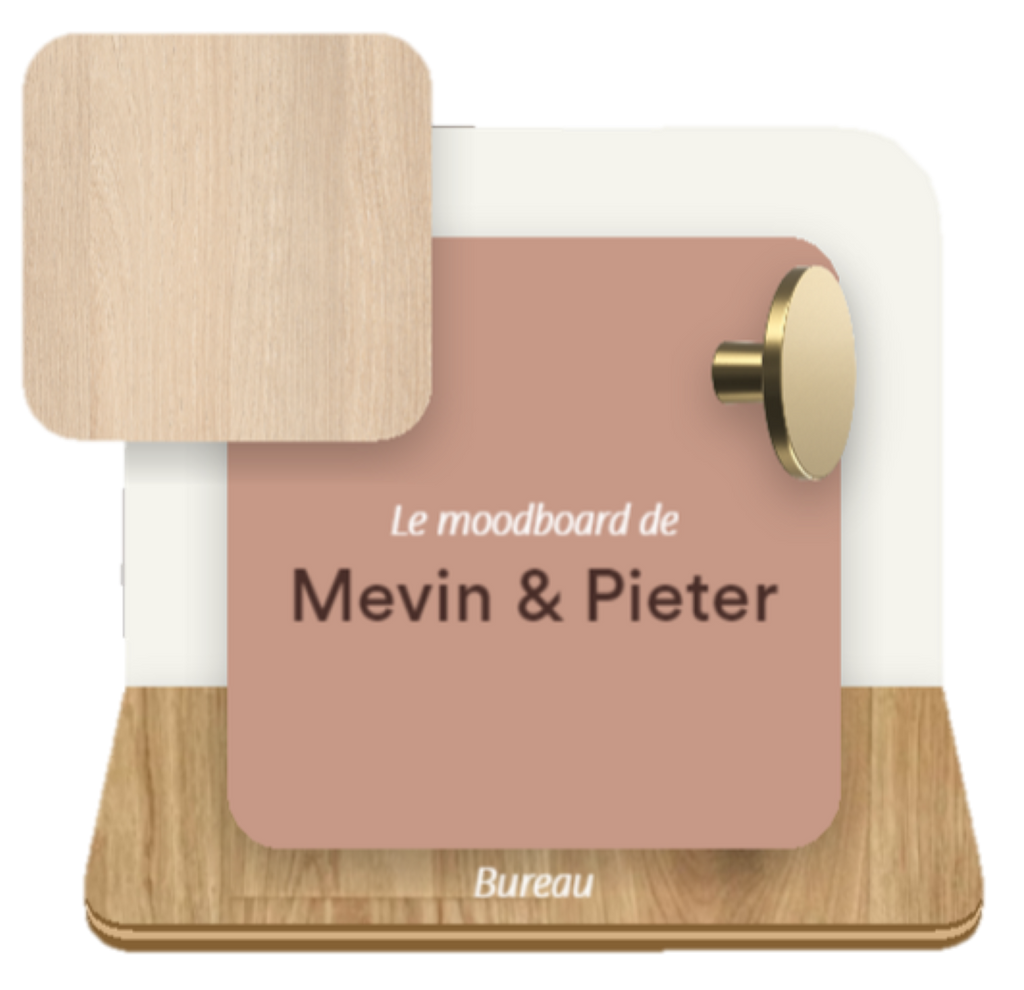 Moodboard Mevin et Pieter Blind Gekocht Hasselt, couleurs nude abricot, bois clair et poignée dorée