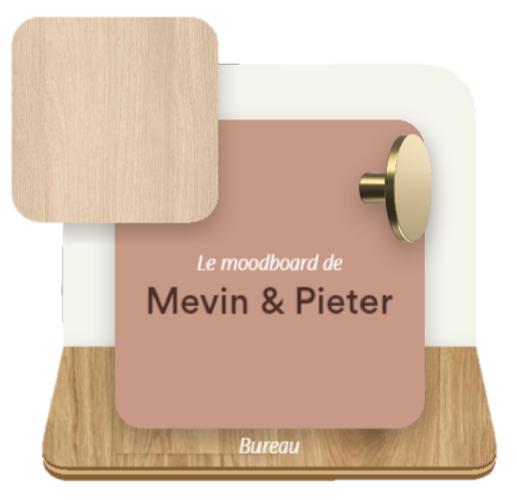 Moodboard Mevin et Pieter Blind Gekocht Hasselt avec Nude Abricot et teinte de bois claire et poignées dorées