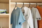 Détail d’un dressing sur mesure avec tringle à vêtements et étagères en bois