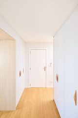 Placards sur mesure avec portes gris cachemire et poignées en bois dans un couloir minimaliste