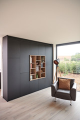 Moderne woonkamer met een zwart op maat gemaakte kast en houten boekenplank met decoratieve objecten en boeken, verlicht door natuurlijk licht.