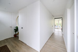 Hall d'entrée avec vestiaire fermé sur mesure, portes blanches épurées et décoration moderne avec plante et miroir.
