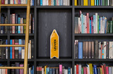 Op maat gemaakte zwarte bibliotheek met open nissen voor decoratie en boeken