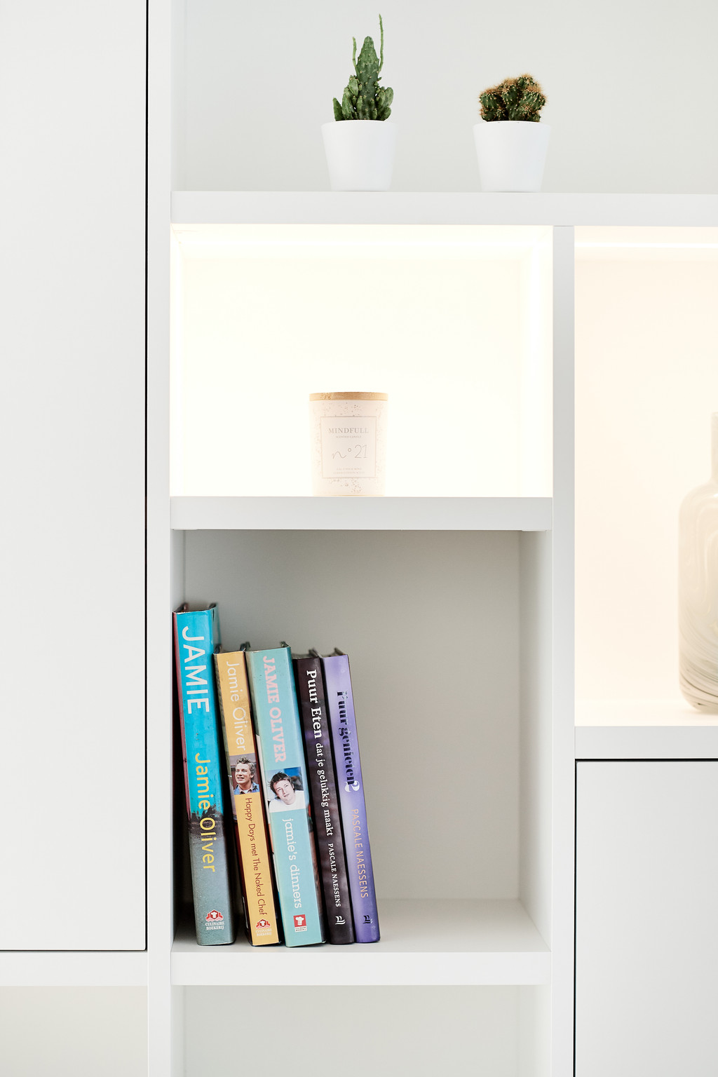 Bibliothèque blanche avec niches éclairées, petits cactus en pot et livres de cuisine sur une étagère ouverte.